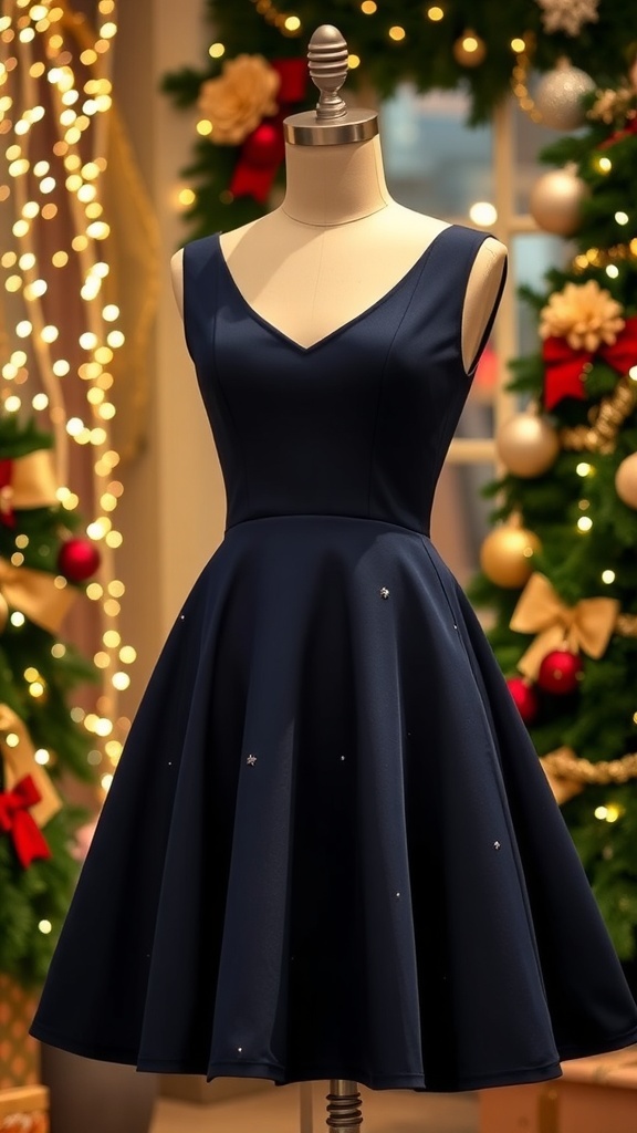 Navy blue Christmas dress on a mannequin with festive decorations in the background.